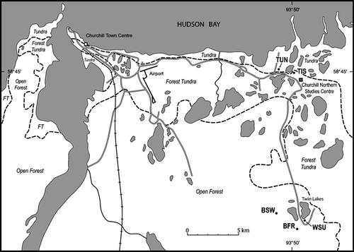 Figure 1 The long-term environmental monitoring sites extended from forested and burned sites 15 km inland from the coast. Biomes separated by dotted lines. Coastal locations were dominated by tundra. Sites sampled: TUN, Tundra; TIS, Forest-Tundra Tree Island; WSU, White Spruce Upland Forest; BSW, Black Spruce Wetland; and BFR, Burned Forest (spruce).