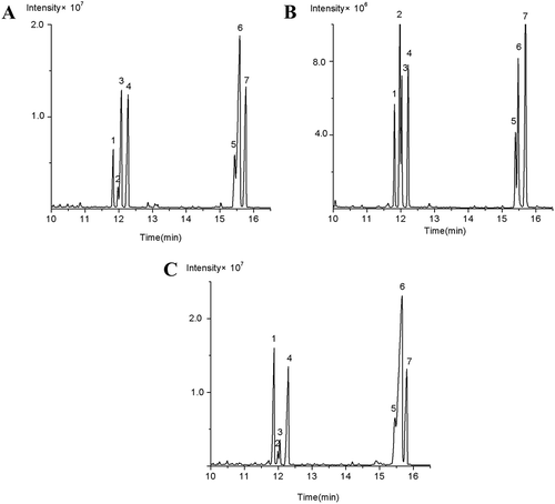 Figure 2. GC chromatograms. (A) SHDPs; (B) monosaccharides reference; (C) fraction of partial acid hydrolysis. Peak: (1) L-rhamnose, (2) D-fucose, (3) L-arabinose, (4) D-xylose, (5) D-mannose, (6) D-glucose, and (7) D-galactose.