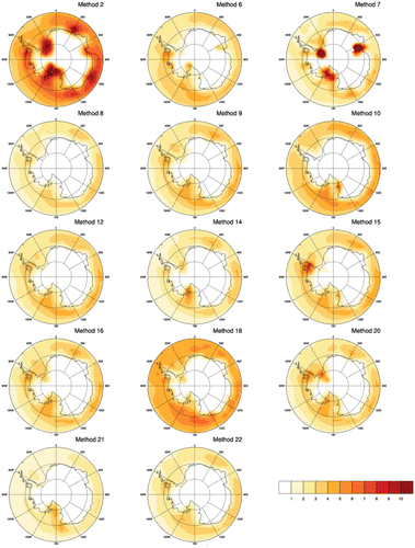 Fig. 4. System density for winter (JJA) [cyclones per 103(lat)2 area per analysis].