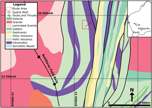 Figure 9. Simplified geological plan after Gartz (Citation2008). The location of the study area is marked with a red box, both on the location plan and on the map. The study area is located in the Meekatharra–Wydgee Greenstone Belt in the NE Murchison Province of Western Australia.