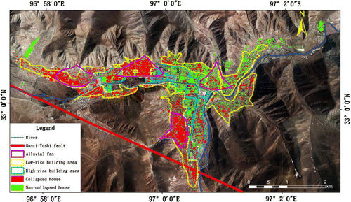 Figure 2.  Image/Map of spatial distribution of collapsed buildings interpreted from airborne optical remote-sensing image overlaid with inducing factors generated in April 2010 for the Yushu earthquake area in western China (Guo et al. Citation2010b).
