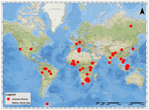 Figure 4. The geographical locations of 78 studies reviewed from (1998–2022) laid across the globe on the use of SAR and optical imagery to assess land cover change (LULCC) and land degradation.
