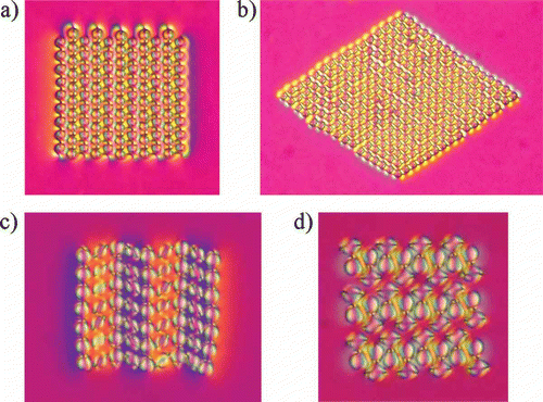 Figure 11. (a) Dipolar nematic colloidal crystal. (b) Quadrupolar nematic colloidal crystal. (c) and (d) Two different binary nematic colloidal crystals assembled from dipoles and quadrupoles.