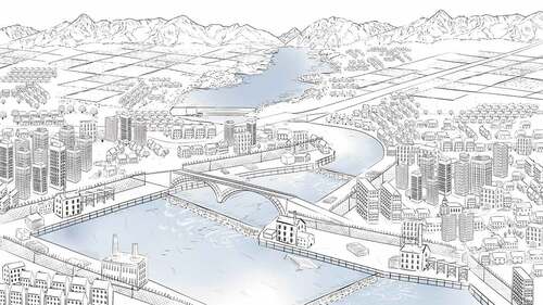 FIGURE 20 Line art depiction of a fictional post-industrial city with restricted river access due to a large reservoir dam and decommissioned industrial properties. [Access] (created by May van Millingen in collaboration with the author).
