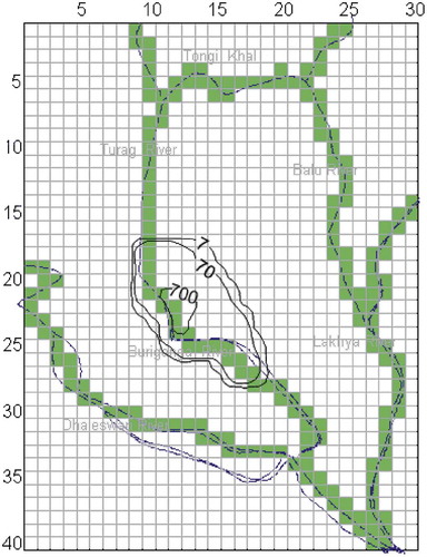 Figure 6. Simulated pattern of groundwater quality in the lower Dupi Tila aquifer, 1999: contamination (concentration 1000 mg/l) introduced as induced recharge from a contaminated reach of the River Buriganga west of Old Dhaka.