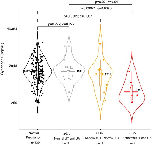 Figure 3. Soluble syndecan-1 in normal pregnancies compared to pregnancies complicated by SGA with and without abnormal uterine and umbilical artery Doppler velocimetry. When results of Doppler velocimetry were considered, the plasma syndecan-1 mean concentration was significantly lower in the group of women with an SGA fetus associated with abnormal uterine and umbilical artery Doppler velocimetry than in the group of women with an uncomplicated pregnancy [geometric mean (95% CI): 488 (139–1712) ng/mL vs. 1527 (435–5363) ng/mL; p = .00071; q = 0.0028]. A trend toward lower mean plasma syndecan-1 concentrations was also noted for SGA with abnormal uterine but normal umbilical artery Doppler findings, though not statistically significant after adjustment [geometric mean (95% CI): 1215 (230–6418) ng/mL vs 1527 (435–5363) ng/mL; p = .0505; q = 0.067]. No significant difference was found in the mean plasma syndecan-1 concentration of women with an SGA fetus and normal Doppler findings compared to controls (q = 0.272). CI: confidence interval; SGA: small for gestational age; UA: umbilical artery; UT: uterine artery.