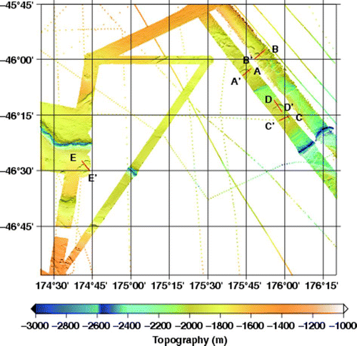 Figure 10  Multibeam data from the Bounty Trough acquired during cruises TN229, RR1002 and earlier cruises. The locations of the profiles shown in Fig. 11 are indicated by the red lines.