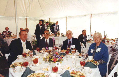 Figure 4.2. (colour online) The lunch held immediately following the dedication ceremony of the Liquid Crystal Institute Building at Kent State University (1997). Enjoying lunch are (left to right) LCI Director John West, plenary speakers Atsuo Fukuda (Shinshu University) and George Gray (University of Hull) and his wife, Marjorie Gray. © [A. Fukuda]. Reproduced by permission of A. Fukuda.
