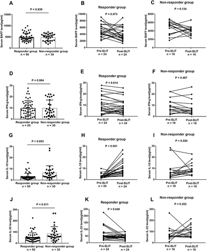 Figure 3 Serum levels of four potential cytokines in validation cohort. (A–C) BAFF; (D–F) IFNγ; (H and I) IL10; (J–L) IL33.