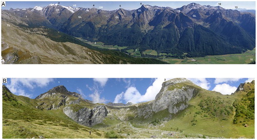 Figure 5. (A) Panoramic view of the Penninic nappe stack along the left slope of high Vizze Valley from Spina del Lupo (Wolfendorn): (i) Tux (TU) and Venediger-Zillertal (VE) basement core (Zentralgneis); (ii) Pfitscher Pass-Hochfeiler unit (GR, Greiner Auct.); (iii) Ophiolitic Glockner nappe (GL). (1) Passo di Vizze, (2) Gran Pilastro (Hochfeiler), (3) San Giacomo (St Jakob), (4) Punta Rossa (Rotes Beil), (5) Felbe, (6) Cima Grava (Grabspitz), (7) Piazza (Platz), (8) Croda della Porta (Torwand), (9) Picco della Croce (Kreuzspitze), (10) Fossa (Fussendross), (11) Monte Grande (Grossbergspitz), (12) Cima di Piambello (Ebengrubenspitz), (13) Cima del Lago (Kramerspitz). (B) Inner flank of the southern nappe antiform in high Fundres Valley, from the bottom up: (i) Venediger-Zillertal granitic gneiss (VE, Zentralgneis); (ii) adherent Hochstegen Marble (HO) at high-angle inclined towards observer; (iii) arenaceous-arkosic gneiss and two-micas gneiss of Pfitscher Pass-Hochfeiler unit (GR, Greiner Auct.). (1) Punta di Dan (Dannelspitz), (2) Picco del Sasso (Magsteinwipfel).