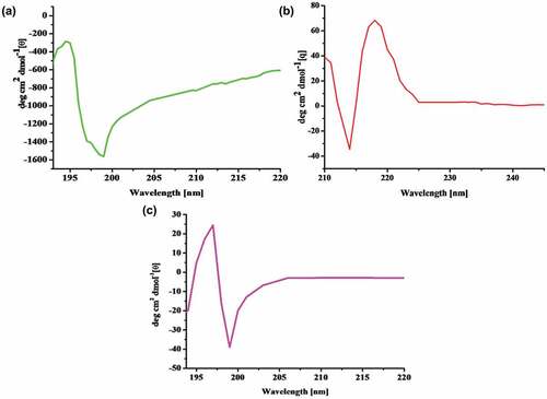 Figure 6. CD graphs for (a) CMsps (b) PAAm and (c) CMsps-g-PAAm.