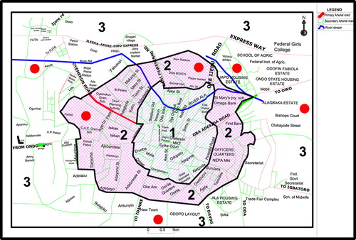 Figure 2. Road map of Akure with overlay of the concentric zones showing the study areas