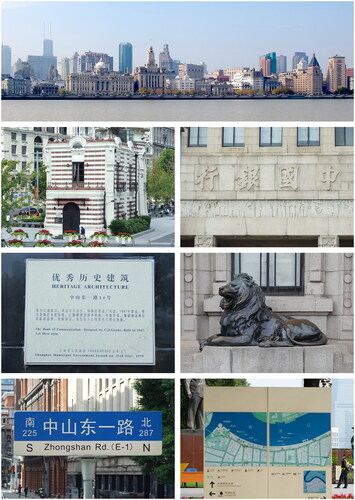 Figure 7. The Shanghai Bund. From top to bottom and left to right: View of a section The Bund; The landmark The Gutzlaff Signal Tower; Lo-relief of Chinese script and figures above the entrance to the Bank of China building; Commemorative plaque for The Bank of Communication Art Deco building; Reproduction lion statue outside the former Hong Kong and Shanghai Bank; Road sign for Zhongshan Road in the style of all Shanghai street nameplates; Map of The Bund displayed on the pedestrian wayfinding system. Photography: © 2017 to 2020 Robert Harland.