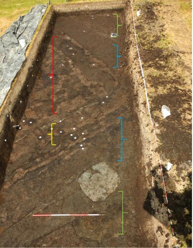 Figure 6. Overview of the northwestern part of the eastern trench of the site of Wartena-Noord (source: Bakker Citationin prep.-a, Figure 3.20). The coloured brackets indicate the features of the different subphases of the terp phase (2a: red; 2b: yellow; 2c: blue; 2d: green).
