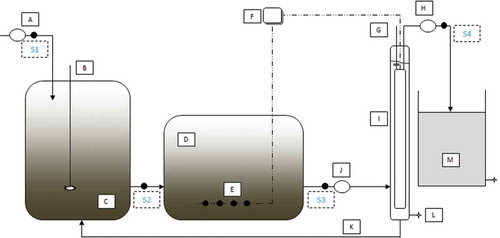 Figure 2. Experimental setup of the SBR system. (a) Fill volume; (b) Settled sludge; (c) Magnetic mixers; (d) Peristaltic pump; (e) Air inflow; (f) Effluent tank; (g) Feeding tank; (h) SBR.