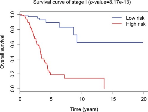 Figure 3 Survival curves for stage I LUAD patients through the 31-lncRNA model. The differences between the high-risk (n=126) and low-risk (n=126) groups were determined by the log-rank test.Abbreviation: LUAD, lung adenocarcinoma.