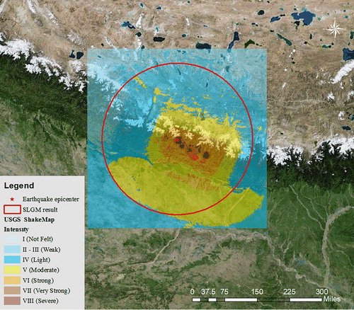 Figure 8. Comparison of the official intensity map produced by the USGS with the detection result of the impact area derived from the SLGM analysis for the 2015 Nepal earthquake.