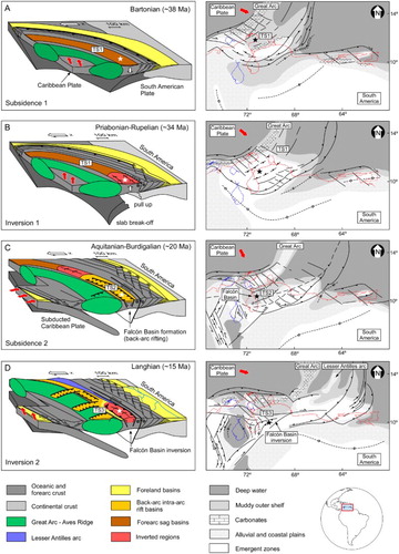 Figure 3. Left: Kinematic model proposed by CitationEscalona and Mann (2011) for the obliquely convergent Caribbean-South America margin and the evolution of the different depocenters. Right: Paleogeographic evolution of the Caribbean-South America margin during the Cenozoic based on CitationPindell et al. (2005). The study area is designated by a star. The different tectonic sequences described in this work were situated in the different depocenters: TS1: Tectonic Sequence 1; TS2: Tectonic Sequence 2; TS3: Tectonic Sequence 3. Thick arrows on the corners indicate the inferred relative motion of the Caribbean Plate. The present-day coastline of northwestern Venezuela and the relative position of the Maracaibo Lake, the Paraguaná and the Guajira peninsulas in each tectonic stage are also indicated.