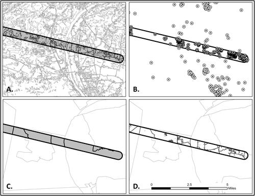Figure 2. Portion of 359-Watsontown tornado overlaid and intersecting: A. land cover data B. buildings data C. census blocks groups and D. urban land cover (grey) within each census block group..