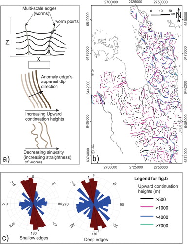 Figure 9. (a) Main concepts of edge detection in 2D section of data, apparent dip direction of edged and degree of worm sinuosity (Holden et al. Citation2000). (b) Worms produced using criteria (worm length > 1 km) and (worm sinuosity > 0.95). The degree of sinuosity ranges between 0 and 1; where 1 refers straight and non-sinuous. (c) Trend analysis for shallow and deep worms.