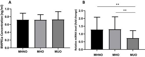 Figure 1 Comparison of the levels of BMPR1A (A) and miR-503 (B) between the MHNW, MHO, and MUO groups.Notes: There were no significant differences in BMPR1A concentration between the three groups. The serum level of miR-503 was significantly decreased in the MUO group compared with that in the MHNW and MHO groups. (**P < 0.01 vs MHNW group; **P < 0.01 vs MHO group, One-way analysis of variance).