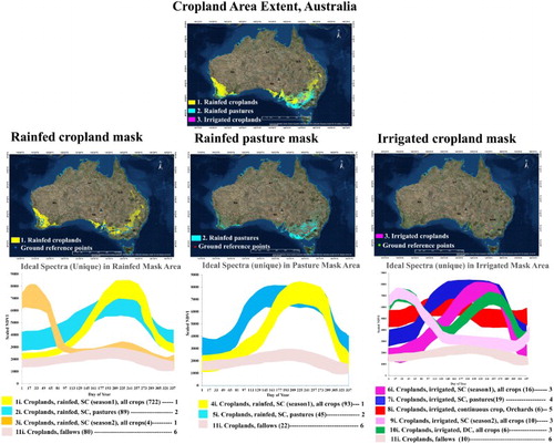 Figure 2. Three cropland masks of Australia and the development of ideal spectral signatures (ISSs) for each of these masks. Development of the three cropland masks is defined in Section 3.1. Using precise ground data and MODIS 250 m time-series data, unique and distinctly separable ISSs of the three masks were a total of 13 classes: (a) 4 for the rainfed mask, (b) 3 for the pasture mask, and (c) 6 for the irrigated-mask. The cropland fallow signature was common across. The total 13 classes can be combined to 6 unique classes by combining similar classes across masks.