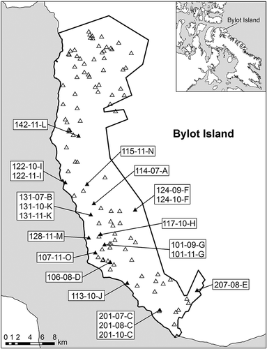 Figure 1. Arctic fox study area (black contour) on Bylot Island, Nunavut, Canada. Fox dens are represented with triangles, with filled triangles indicating dens occupied by fox pairs followed during the study. Identification of numbered dens is as follows: den identification-last two digits of year-fox pair identification.