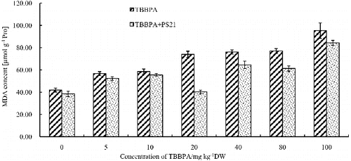 Figure 7. Changes of MDA levels in wheat leaves with combined treatment of PS21 and different concentrations of TBBPA. Values are mean ± SD and bars indicate standard deviation. TBBPA: treatment with various concentrations TBBPA (0–100 mg kg−1 DW); TBBPA + PS21: with combined treatment with PS21 and various concentrations TBBPA (0–100 mg kg−1 DW).