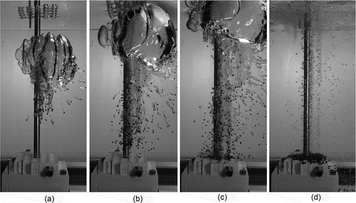 Fig. 9. Snapshot of 8-MPa rod bundle blowdown at (a) 50, (b) 100, (c) 150, and (d) 1500 ms.