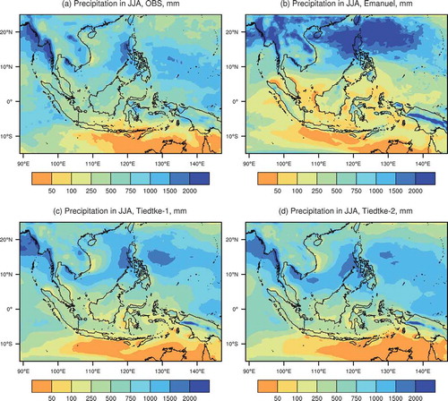 Figure 5. The (a) observed and (b–d) simulated mean precipitation in JJA, 2000–2002, over Southeast Asia, when using different convection schemes (units: mm): (b) Emanuel; (c) Tiedtke-1; (d) Tiedtke-2.