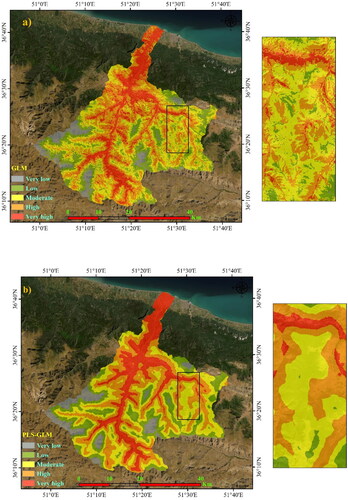 Figure 5. Forest fire susceptibility using five algorithms: a) GLM, b) PLS-GLM, c) Boosted-GLM, d) Bagging-GLM, and e) Bayesian-GLM.