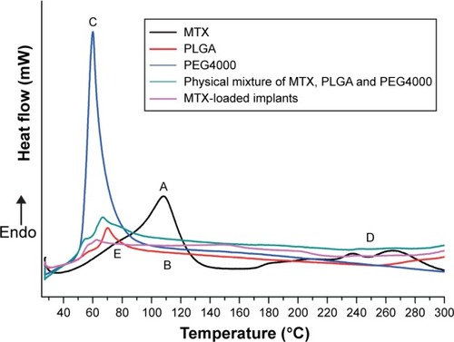 Figure 3 DSC curves of (A) MTX, (B) PLGA, (C) PEG4000, (D) physical mixture of MTX, PLGA, and PEG4000, and (E) MTX-loaded implants.