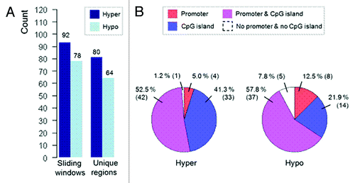 Figure 1. Distribution of hypermethylated and hypomethylated windows and corresponding DMRs. (A) Number of detected hypermethylated and hypomethylated windows and unique DMRs. (B) Division of sequence context underlying the mapped identified DMRs.