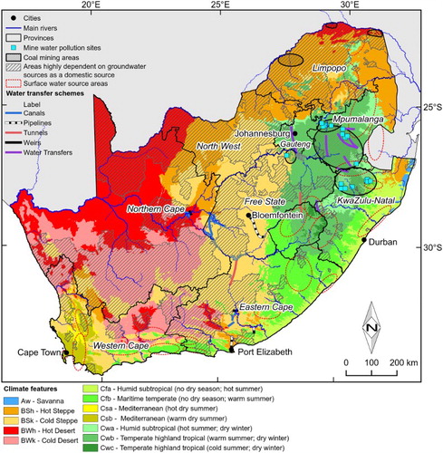 Figure 1. Map showing South African climate zones, water source areas, areas of high groundwater use and areas of mine water pollution (adapted from Ololade et al., Citation2017).