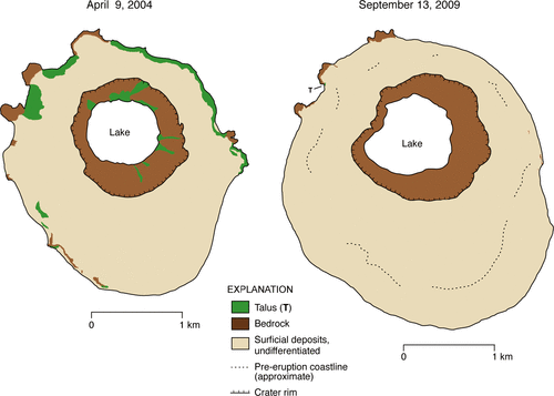 Figure 12 Maps of Kasatochi Island showing the extent of talus and bedrock on 9 April 2004, prior to the 2008 eruption and 13 September 2009, about one year after the eruption. Areas of talus on the island are important nesting habitat for seabirds.