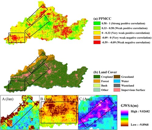 Figure 8. Relationship between GWSA and precipitation and land cover in Jiaozuo and Xinxiang cities.
