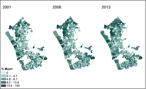 Figure 2. The distribution of Maori in the Auckland region 2001–2006–2013 as a percentage of the meshblock population (using 2001 quintiles).