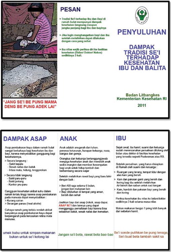 Fig. 3 A media communication to community about the Sei tradition and its consequences to health-related issues for mothers and children, in the Bahasa Indonesian language: the front (top panel) and back (bottom panel) sides of the brochure.