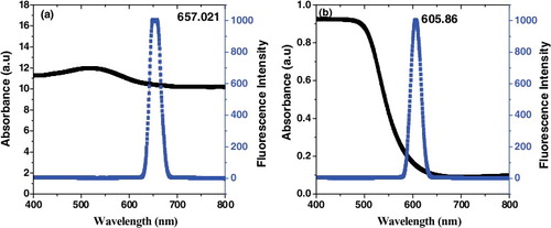 Figure 10. Absorption and photoluminescence spectra of (a) CuS and (b) CdS (black axis UV–Vis, blue axis PL).