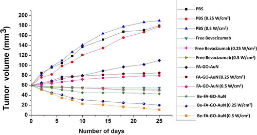 Figure 8. Tumor volume in mice upon treatment with Be-FA-Go-AuN, FA-GO-AuN, free bevacizumab and PBS non-irradiated and irradiated at different power density of 0.25 W/cm2 and 0.5 W/cm2.