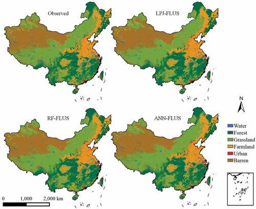 Figure 2. Simulated land use/land cover pattern by LPJ-FLUS, RF-FLUS, and ANN-FLUS for 2010.