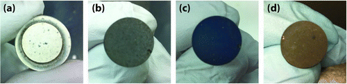 FIG. 2 Nanocoatings deposited on glass substrates in the HTRJ reactor from (a) silver only (100 wt.%); (b) copper (37.0 wt.%)–silver (63 wt.%); (c) copper (57.9 wt.%)–silver (42.1 wt.%); and (d) copper (70.2 wt.%)–silver (29.8 wt.%). (Color figure available online.)