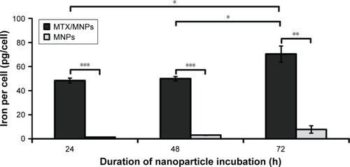 Figure 3 Preferential and time-dependent uptake of MTX/MNPs.Notes: Cells were incubated with 100 µg/mL of either MTX/MNPs or MNPs (both n=3) for the stated period of time, and intracellular iron was quantified by AAS measurements. Results were generated from triplets of two independent experiments. Student’s t-test (two-sided, paired) showed significant differences between the groups with *P<0.05, **P<0.01, and ***P<0.001.Abbreviations: AAS, atomic absorption spectroscopy; MNPs, magnetic nanoparticles; MTX, methotrexate.