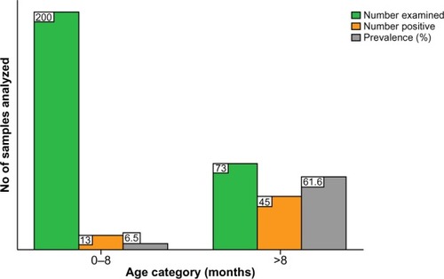 Figure 1 Seroprevalence of measles virus infection in children in relation to their age category (χ2=97.195, df=1, odds ratio 23.118, P=0.00).