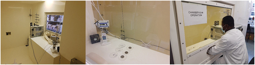 Figure 2. The internal and working area view of the bioaerosol chamber at Cardiff Metropolitan University. Left to right; Inside the chamber looking toward transfer port; Working area as seen from exterior showing steel discs in used in testing; the Author undertaking analysis in the working position.