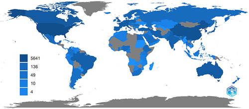 Figure 2 Country’s scientific production world map of post stroke pain research field (blue color intensity: the number of authors affiliated with each country, grey color: non-related country).