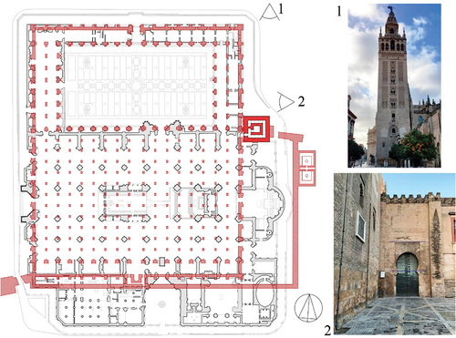 Figure 3. Major mosque superimposed on the Gothic Cathedral floor (based on the hypothesis of A. Jimenez and A. Almagro). Photography of the Giralda tower (1) and the induced settlement on the Lagarto” gate (2).
