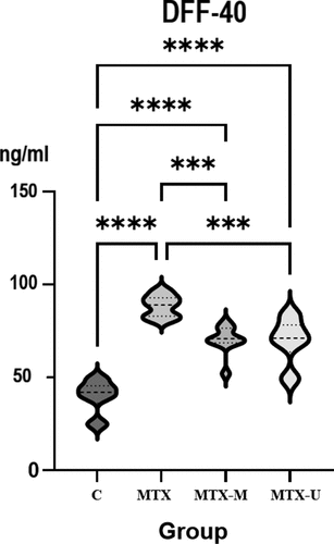 Figure 2. The levels of DNA fragmentation factor 40 kDa subunit beta (DFF-40) in the liver tissue in the methotrexate toxicity and the effect of camel milk and camel urine treatments. Control healthy (C), methotrexate (MTX), methotrexate-camel milk treated (MTX-M), and methotrexate-camel urine-treated (MTX-U) groups. ****p < .0001, ***p < .001, **p < .01, *p < .05.