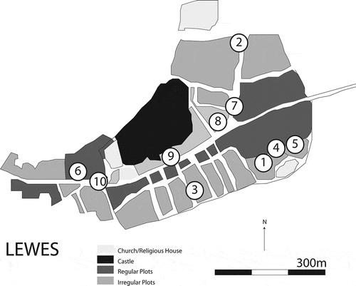 Illus. 2 Plan of Lewes. 1: Walwers Lane (no fifteenth century evidence excavated), 2: North Street (no fifteenth century evidence excavated); 3: St Martin’s Lane (no fifteenth-century evidence excavated); 4: Baxters Print Works (evidence of continued occupation into fifteenth century); 5: Friar’s Walk (evidence of continued occupation into fifteenth century); 6: 161 High Street (fourteenth–fifteenth century pottery excavated); 7: Market Place (late medieval encroachment); 8: 74–5 High Street (fifteenth-century timber framed house); 9: 67 High Street (Fifteenth-century timber framed house); 10: 92 and 99–100 High Street (fifteenth-century timber framed houses). Redrawn and simplified from Harris Citation2005b.