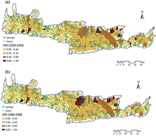 Figure 7. WEI for the basins of Crete for the “favourable” scenario, CSC-REMO under RCP2.6 for: (a) 2020–2059 and (b) 2060–2098.